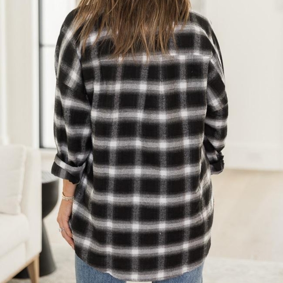 DARYL-ANN DENNER X PINK LILY DENNER PLAID BLACK/WHITE BUTTON FRONT SHIRT - Picture 6 of 6